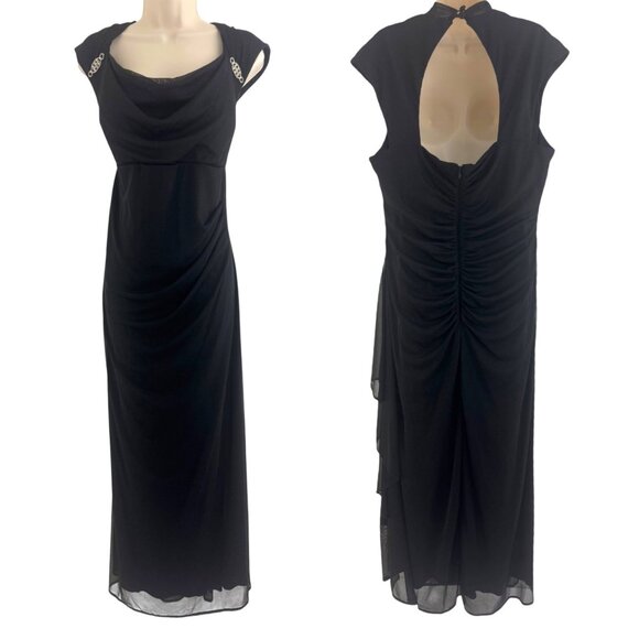 R&M Richards Black Sparkly Mesh Cascade Ruffle Long Gown Dress Size 16W 1X Plus - Picture 1 of 14